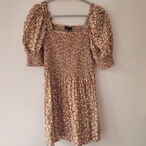 1 State Light Brown Floral Puff Sleeve Smocked Dress XL  Coquette Resortwear